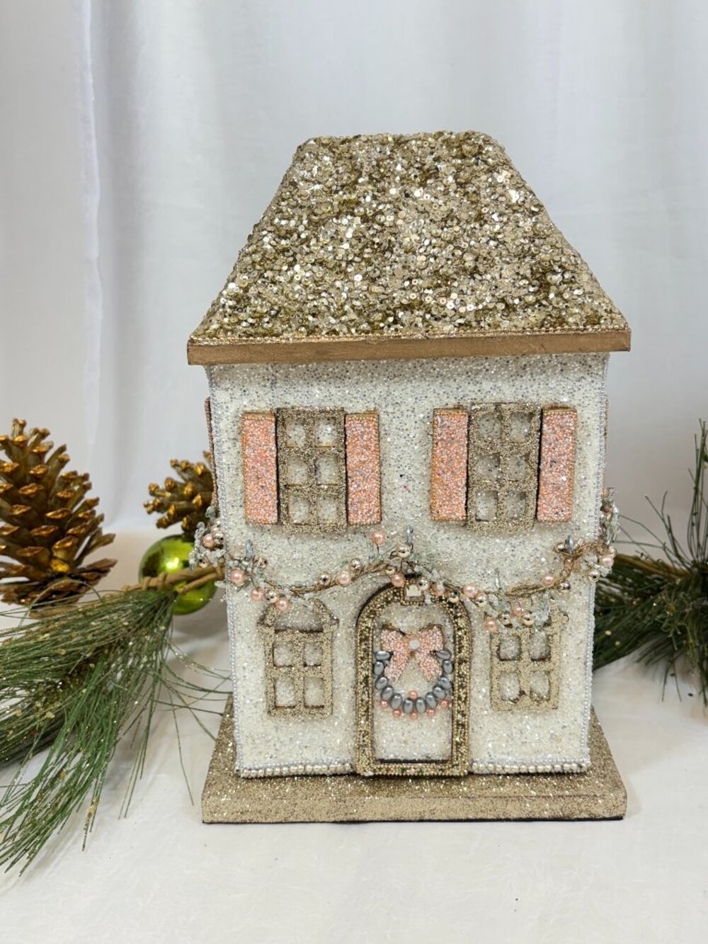 Christmas Holiday Beaded Encrusted Elegant Chic Village House Garland Gold New